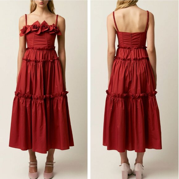 AKNVAS Rach Midi Dress - Brick Red Wine Floral Appliqué Cocktail Party Cotton - Picture 1 of 10